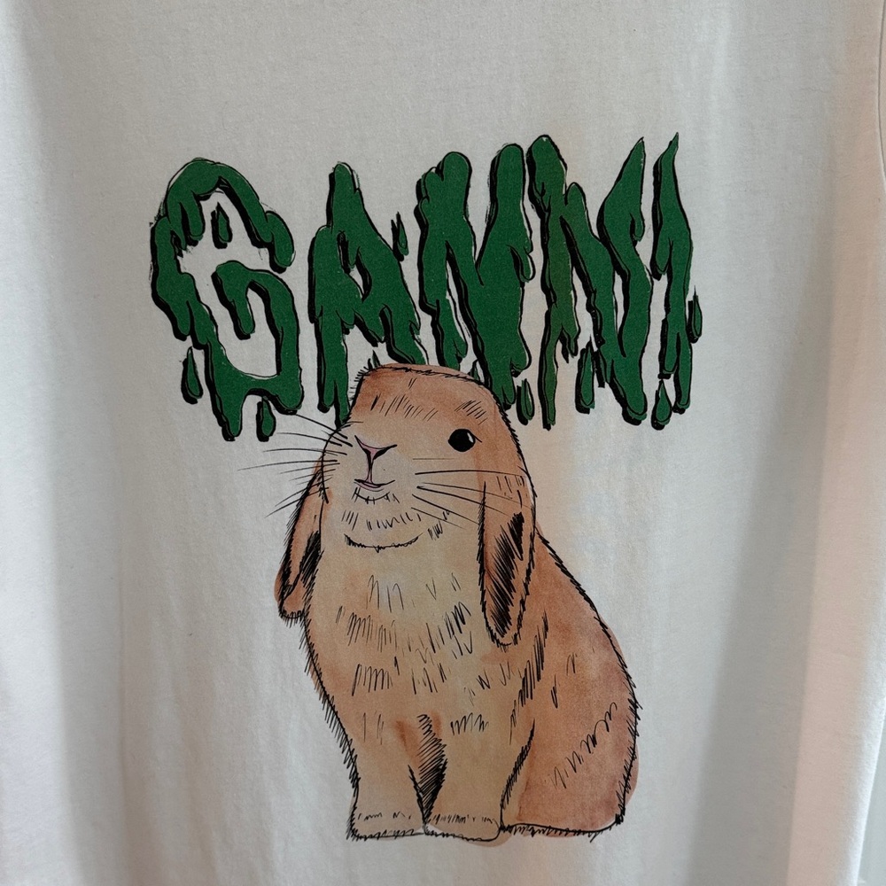 Ganni White Tee with Green Logo and Bunny Graphic - Picture 4 of 6